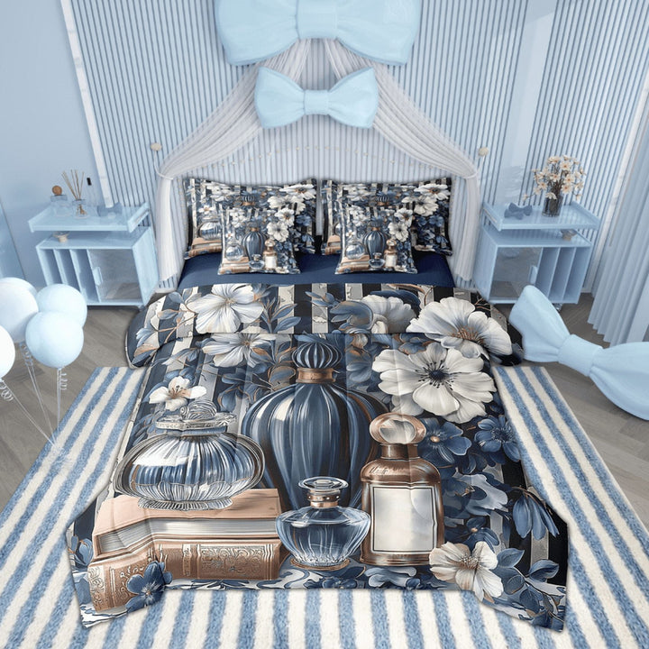 7 Piece Blue Floral Comforter Set Black White Blue Stripe Bed In A Bag Full Size Modern Fashion Bed Set Women Romantic Makeup Themed Sheet Set Perfume Print Bedding Fitted Sheet