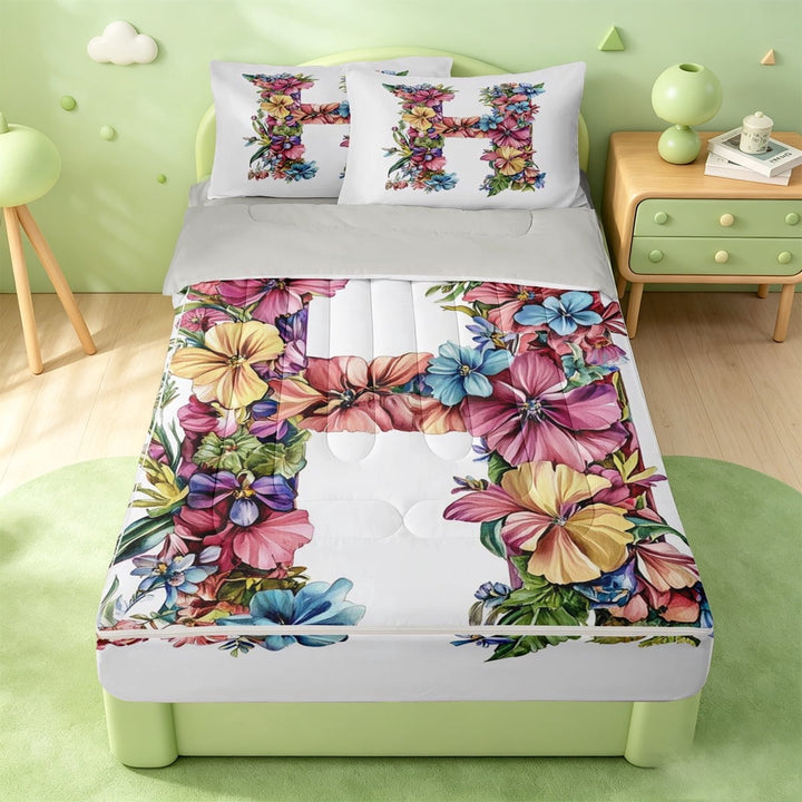 meiyoeat Initial Flower Zipper Twin Comforter Sets with Fitted Sheet and 2 Pillowcases,Watercolor Botanical Pattern Zipper Bedding Set For Girls,Light Gray Reversible,4 Pieces