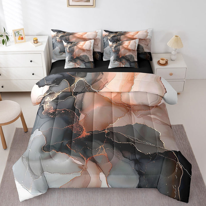 Black and Orange Bed in a Bag 7pcs Aesthetic Marble Bedding Set Women, Foil Print King Size Comforter Set Mountain Fluid Bedding Comforter Sets, Marbling Bed Set