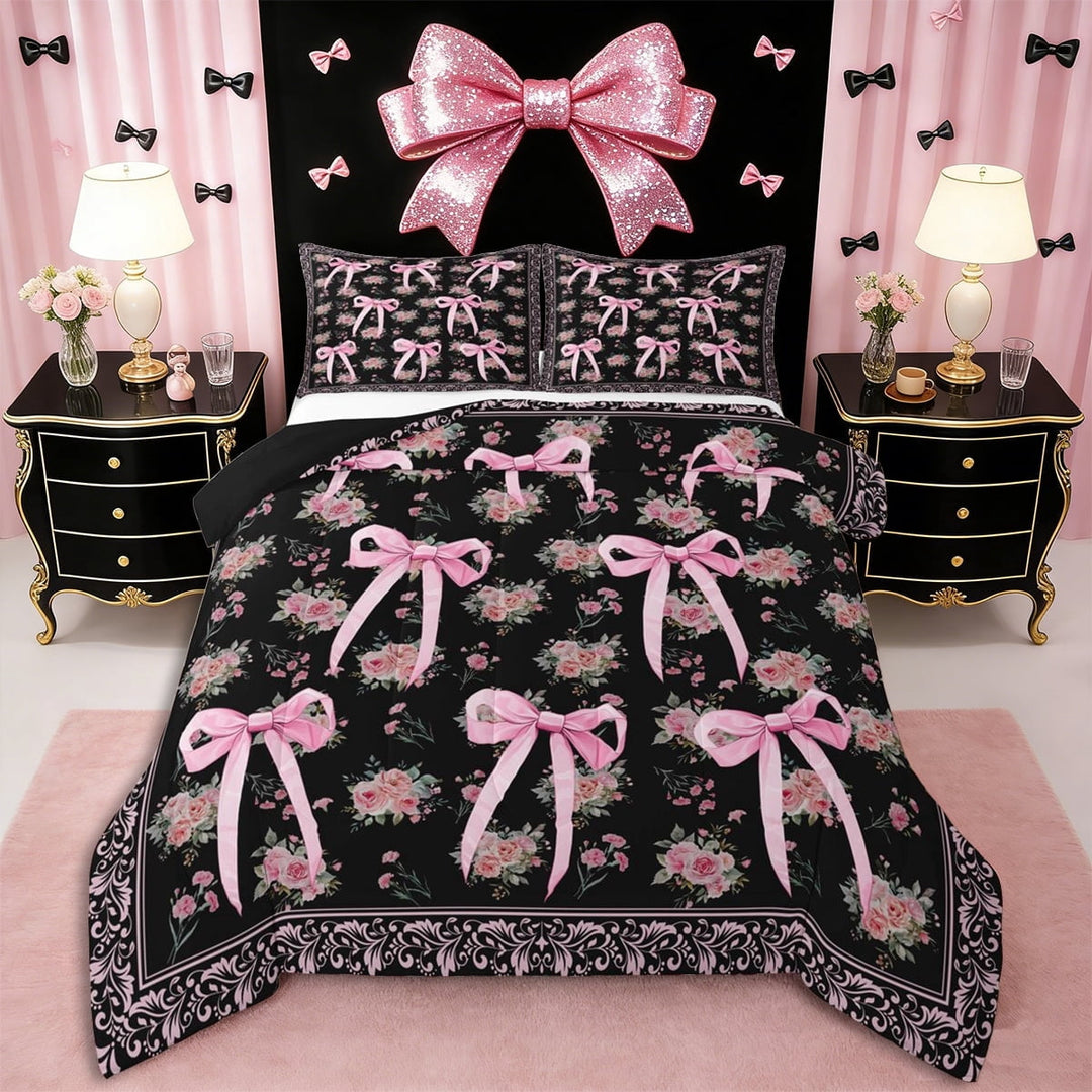 Erosebridal Floral Rose Bowknot Full Size Comforter Sets 3 Pieces for Teens Girls,Bohemian Damask Bedding Sets for Kids,Black Reversible,Super Cozy Room Decor