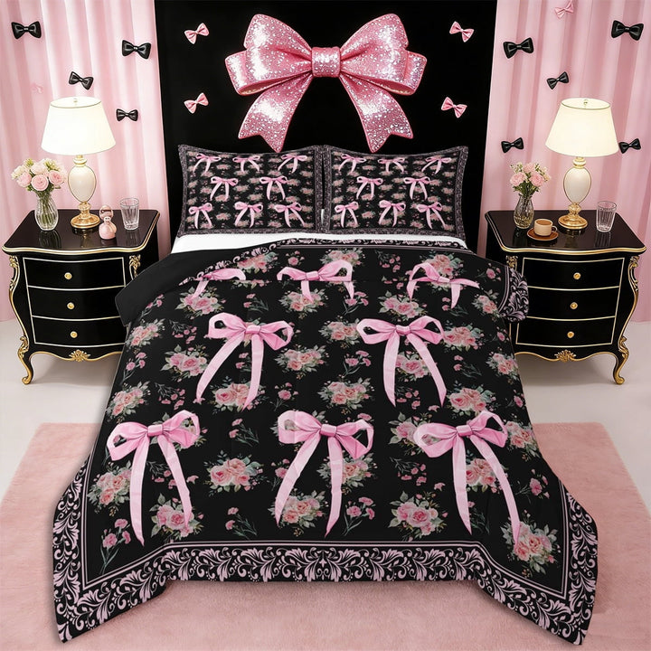 Erosebridal Floral Rose Bowknot Full Size Comforter Sets 3 Pieces for Teens Girls,Bohemian Damask Bedding Sets for Kids,Black Reversible,Super Cozy Room Decor