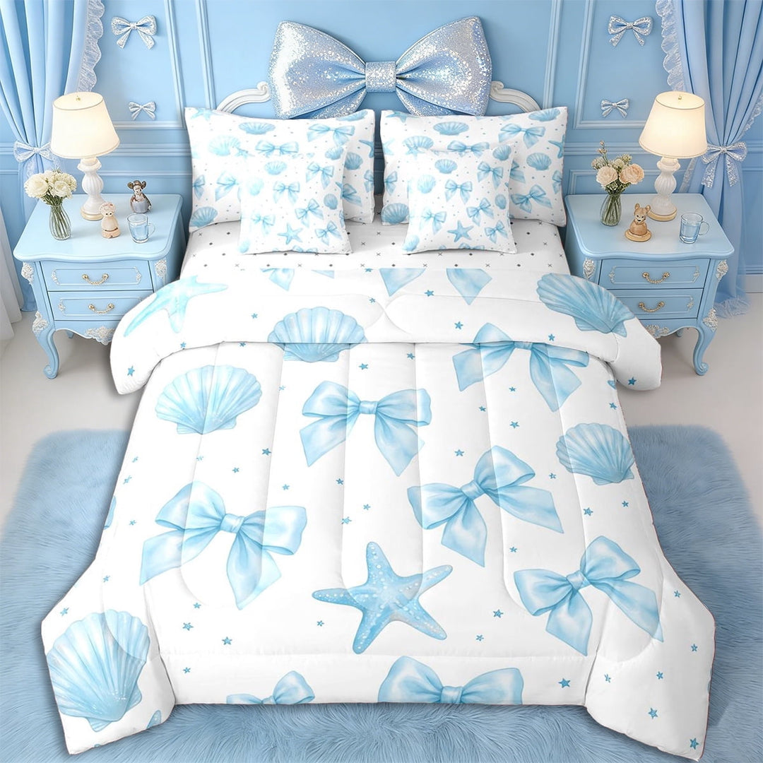 Erosebridal Blue Starfish Bow Knot Twin Bedding Sets 7-Piece for Girls,Ocean Theme Princess Bow Bedding Comforter Set for Teens Adults,Breathable Home Decor