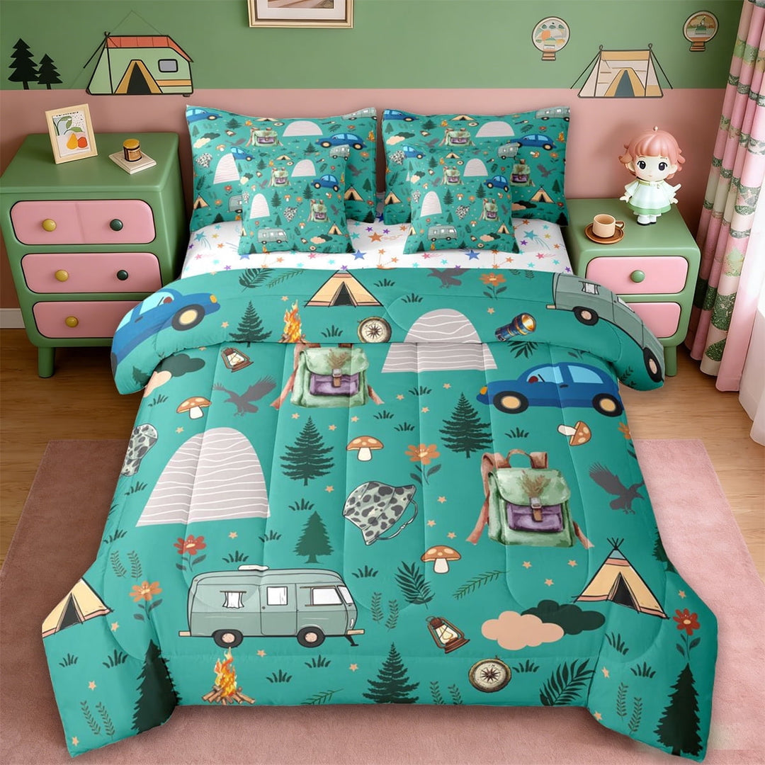 Erosebridal Cartoon Camper RV 7-Piece Twin Bedding Sets For Travel Trailers,Happy Camping Outdoor Adventure Bedding Comforter Set,Reversible