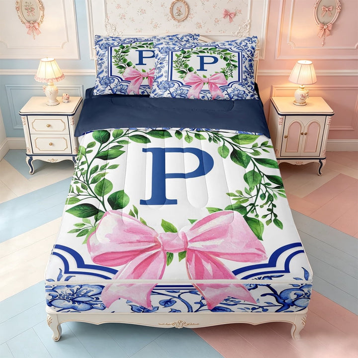 meiyoeat Bowtie Alphabet Print Zipper Full Size Comforter Sets with Fitted Sheet and 2 Pillowcases,Classic Floral Letter P Design Zipper Bedding Set For Girls,Navy Blue Reversible,4pcs
