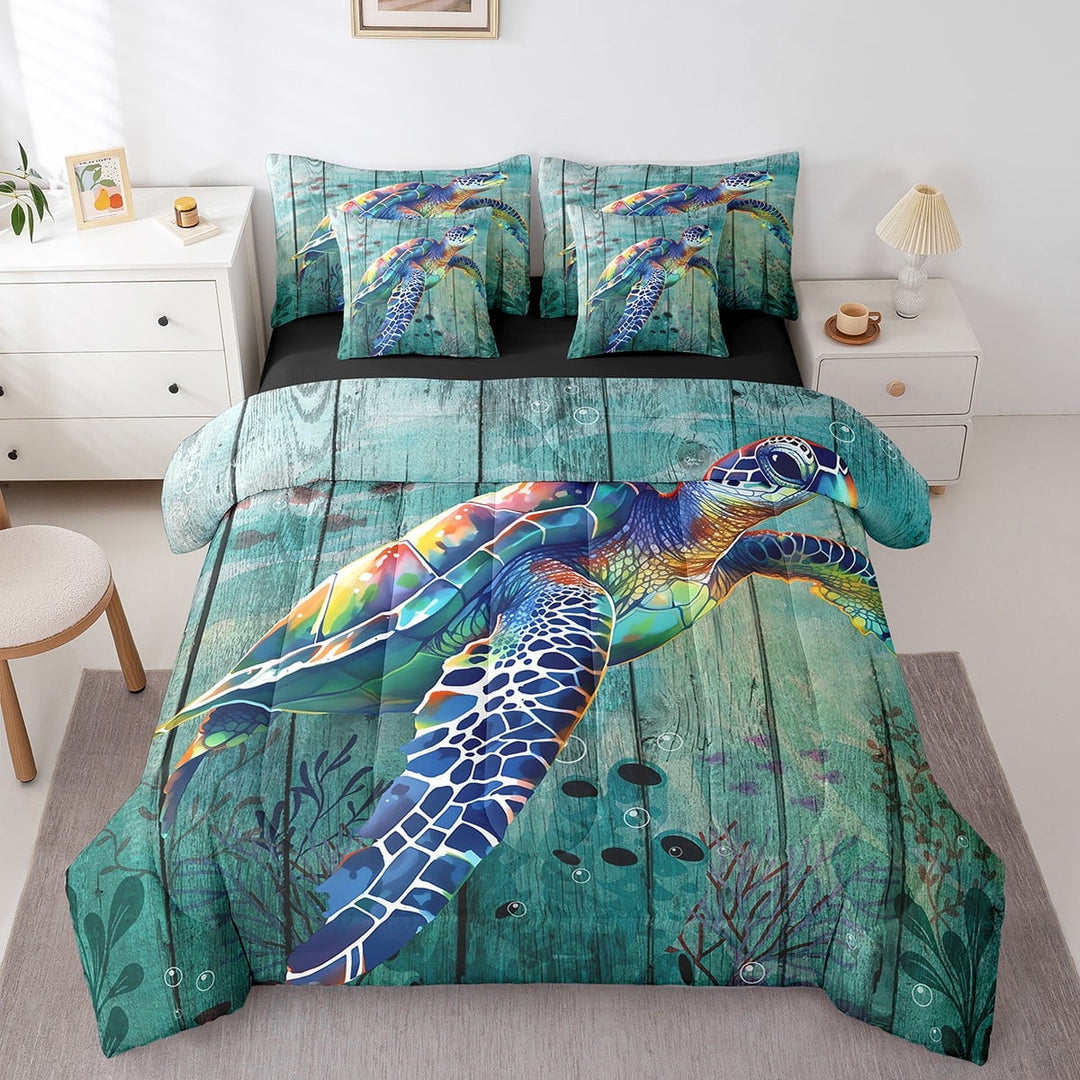 Sea Turtle Bedding Comforter Sets 7-Piece Ocean Animal Bed in a Bag Wild Reptile Queen Bedding Sets Underwater World Comforter Set Vintage Old Barn Door Bedding Sets &amp; Collections