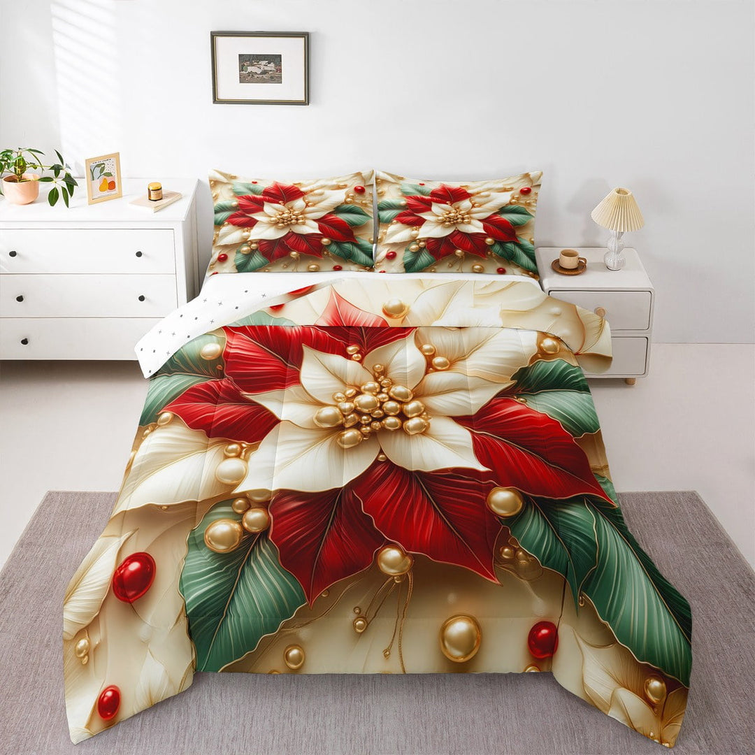 jejeloiu Christmas Red Floral Full Size Comforter Sets,Happy New Year Bedding Comforter Set,Xmas Theme Bedding Sets For Teens,Breathable Home Decor Reversible,3-Piece