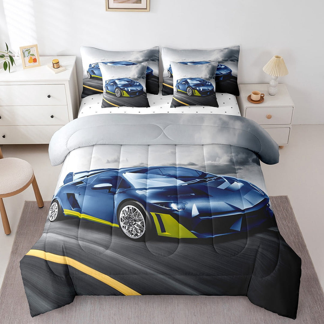 Erosebridal Blue Race Car Twin Comforter, Racing Car Fitted Sheet , Cool Speed Racing Car Flat Sheet Racing Car Gifts For Men, Extreme Sports Car Pillow Cases Car Throw Pillow Covers