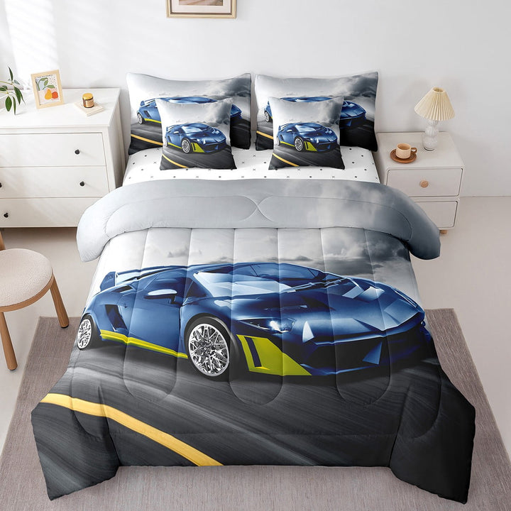 Erosebridal Blue Race Car Twin Comforter, Racing Car Fitted Sheet , Cool Speed Racing Car Flat Sheet Racing Car Gifts For Men, Extreme Sports Car Pillow Cases Car Throw Pillow Covers