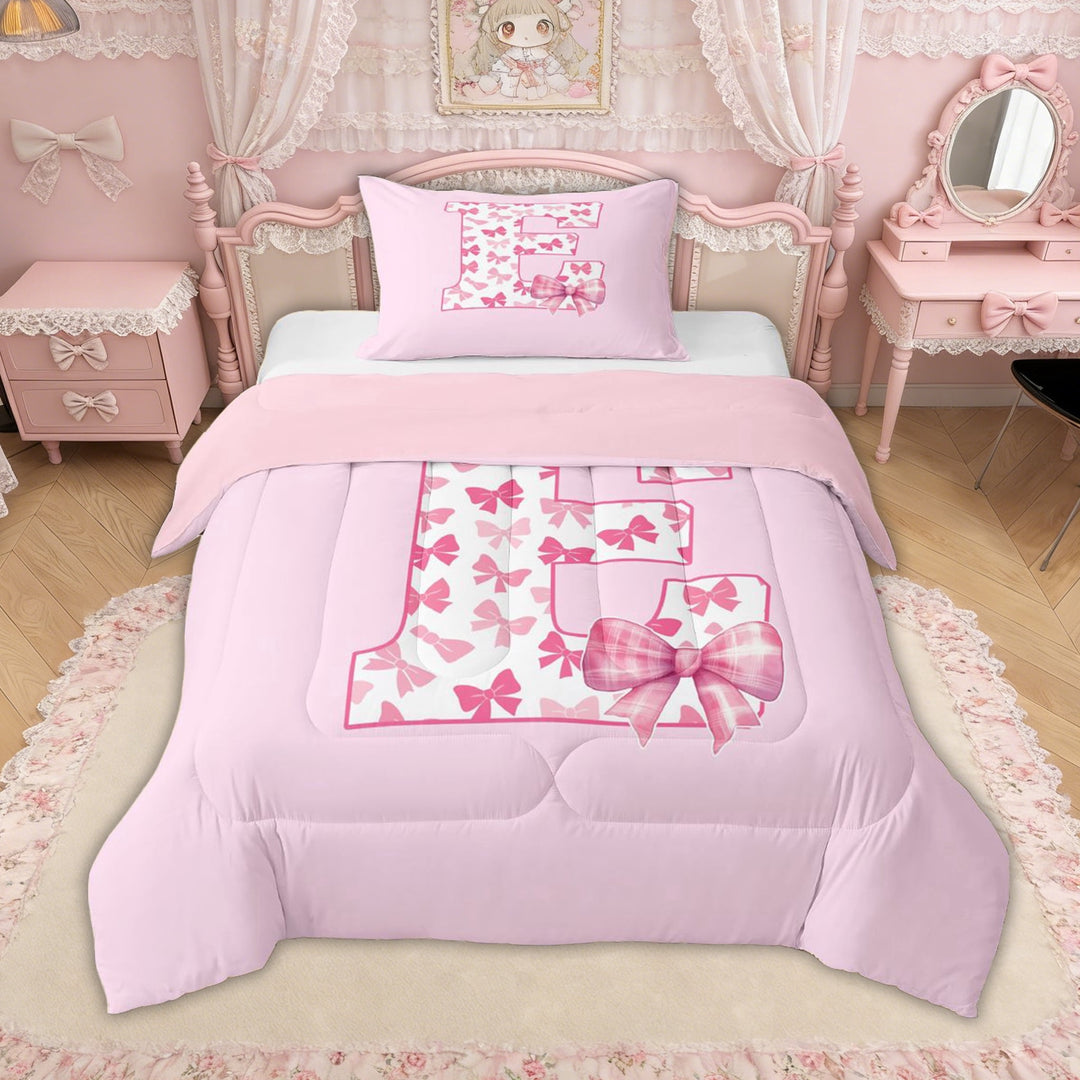 Erosebridal Bow Letter E Twin Comforter Sets for Girls, Pink Initial Ribbon Bedding Set, Pink Reversible, 2-Piece