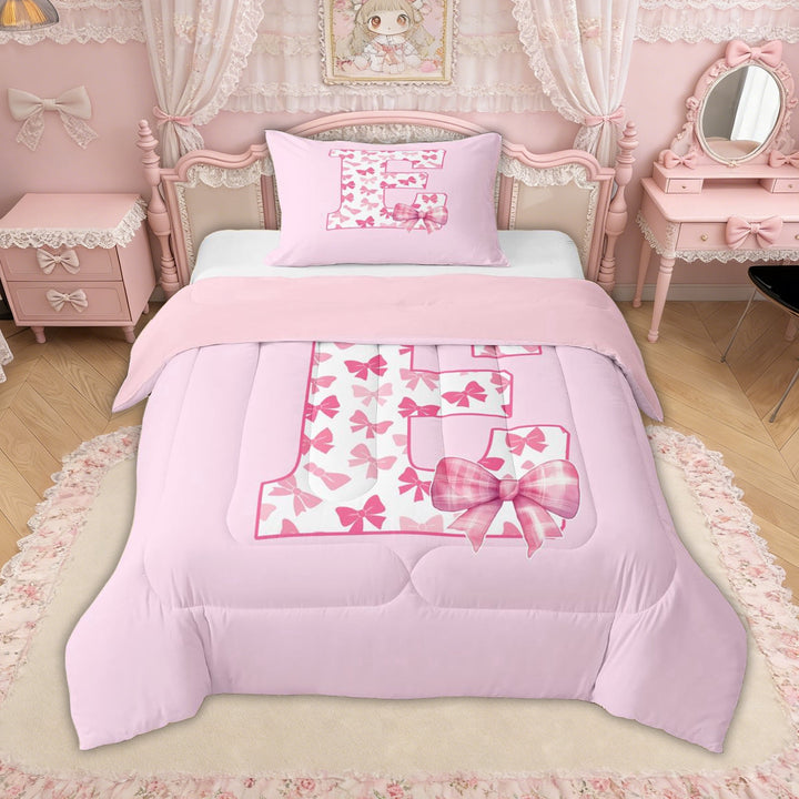 Erosebridal Bow Letter E Twin Comforter Sets for Girls, Pink Initial Ribbon Bedding Set, Pink Reversible, 2-Piece
