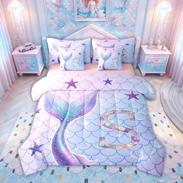 meiyoeat Mermaid Princess Scale Full Size Bedding Sets for Girls, Sparkle Initial S Full Size Bed in a Bag for Kids, Purple Blue, Pink Reversible, 7pcs