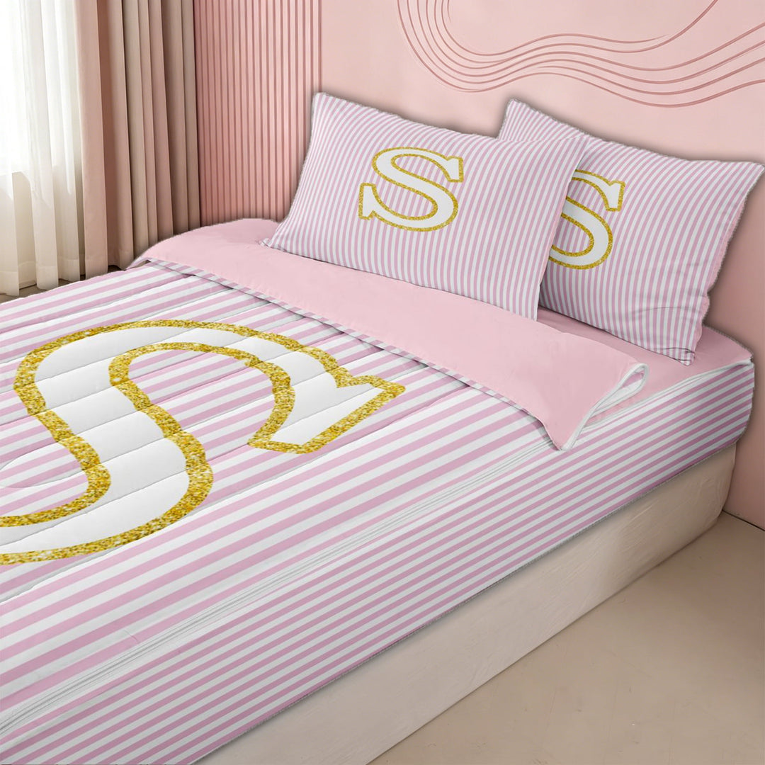 meiyoeat Gold S Monogram Zipper Full Size Comforter Sets with Fitted Sheet and 2 Pillowcases for Kids Girls Women, Pink Stripes Zipper Bedding Set for Bedroom, Pink ReversibleG