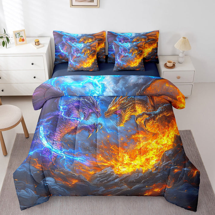 Monster Full Comforter Set 7 Pieces Magic Dragon Bedding Comforter Sets Men, Magical Wildlife Animal Print Bed in a Bag Lightning Fire Anime Bedding Set, Monster Theme Bed Sheets Set