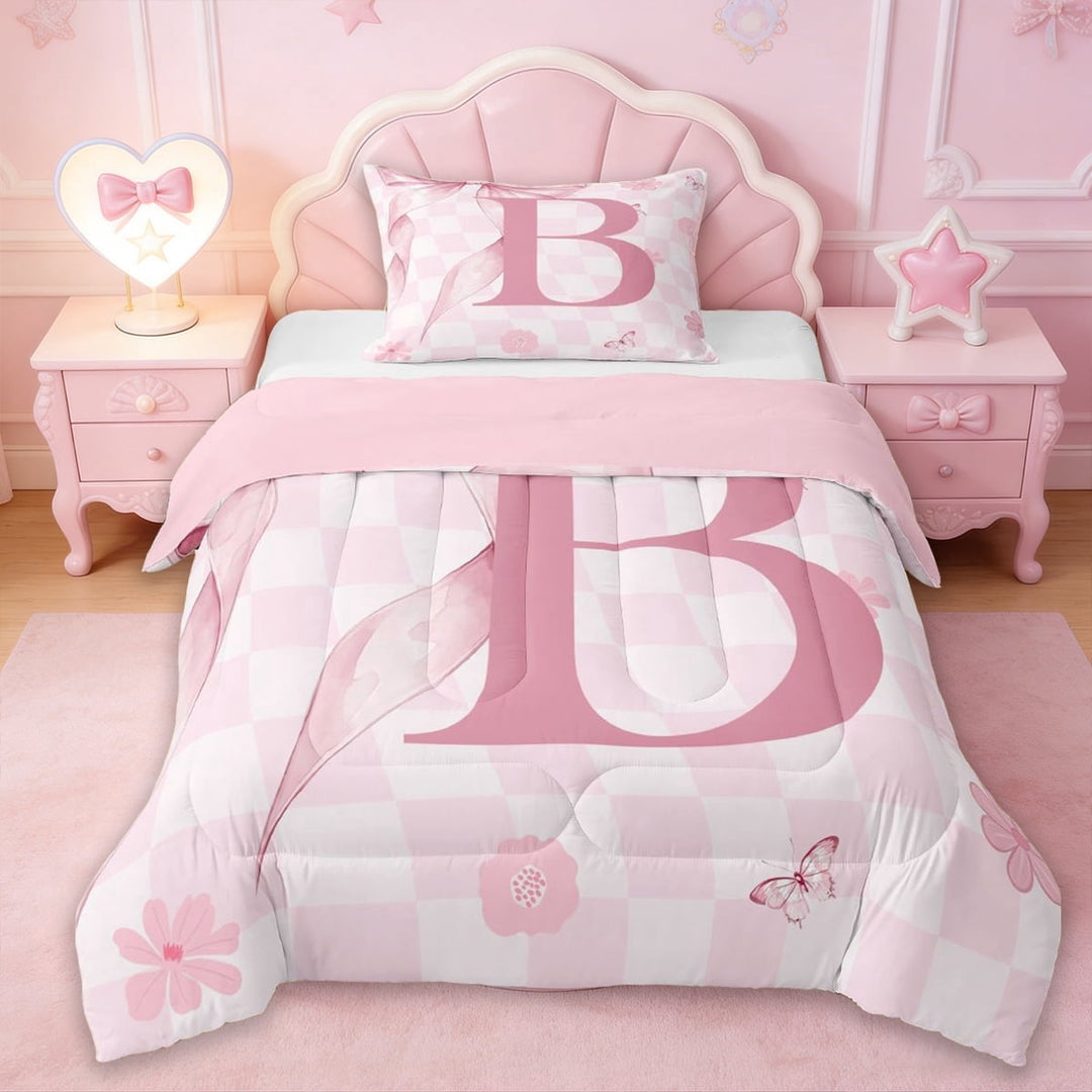 Erosebridal Initial Alphabet B Kids Twin Comforter Sets,Pink Floral Flowers Bedding Set For Bowtie Girls,Reversible pink,2pcs