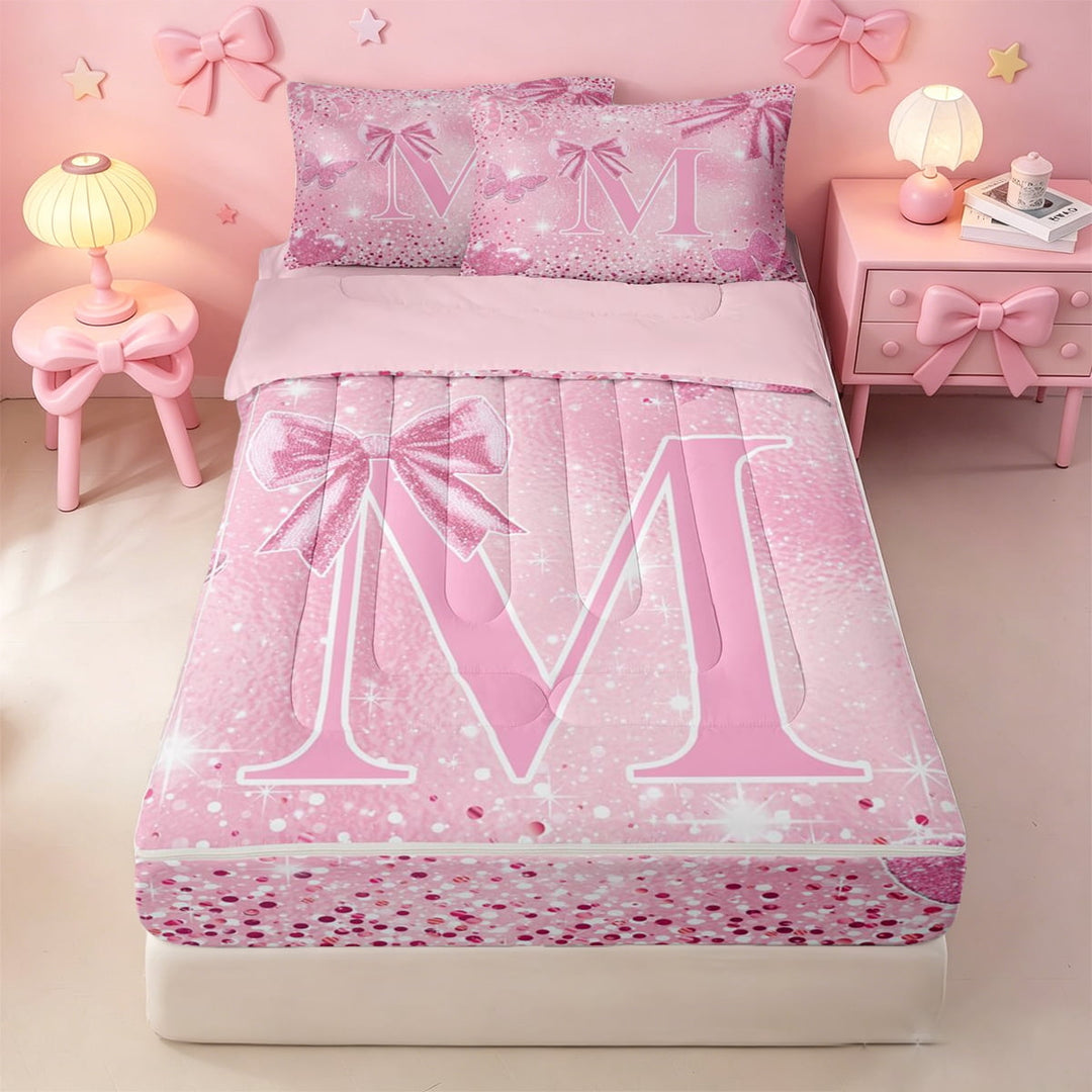 meiyoeat 3D Cartoon Bling Print Bow Zipper Twin Comforter Sets with Fitted Sheet and 2 Pillowcases,Girls Pink Sparkling Monogrammed M Aesthetic Art Zipper Bedding Set For Girl,Pink Reversible,4-Piece