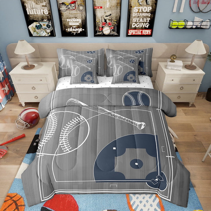 Baseball Bedding Full Size 7pcs Sports Theme Bed in a Bag, Ball Gamer Comforter Set Polka Dots Printed Reversible Bedding Comforter Sets, Grey Bedding Accessories