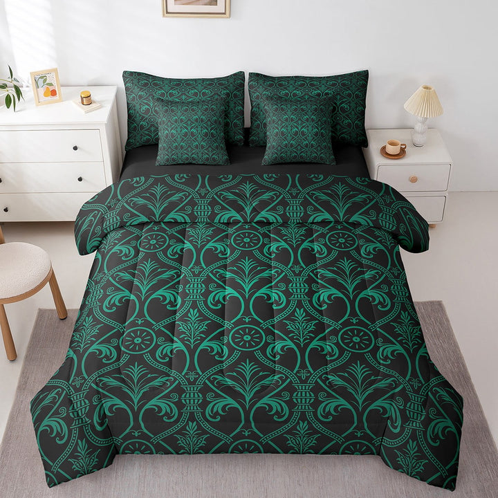 Green Black Ombre Gothic Bedding Set King 7 Piece Vintage Goth Floral Damask Comforter Set Antique Victorian Baroque Bed In A Bag With Sheets Bohemian Exotic Reversible Bed Set