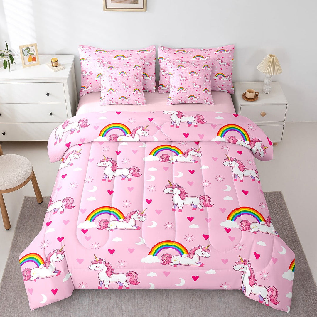 Rainbow Unicorn Bedding 7PCS Twin Size Comforter Sets Pink Cartoon Unicorn Bedding Sets Bed in a Bag,1 Comforter,1 Flat Sheet,1 Fitted Sheet,2 Pillowcases,2 Throw Pillow Covers