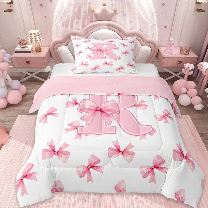 Erosebridal Girls Letter R Bow Twin Comforter Sets,Cute Bows Kawaii Bowtie Bedding Set For Girls Teens, Reversible 2pcs