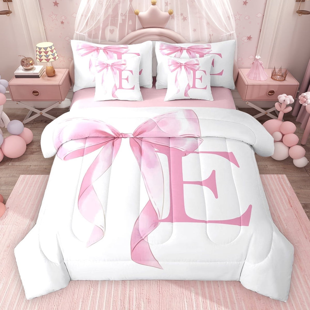Erosebridal Girls Pink Bow Twin Bedding Sets, E Letter Bedding Comforter Set, Princess Style Bedroom Decor, Pink Reversible 7 Pieces