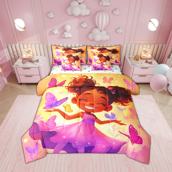 Afro Comforter Set 7 Piece Bed in a Bag Twin,American African Princess Bedding Sets Black Hair Butterfly Sheet Set with Comforter