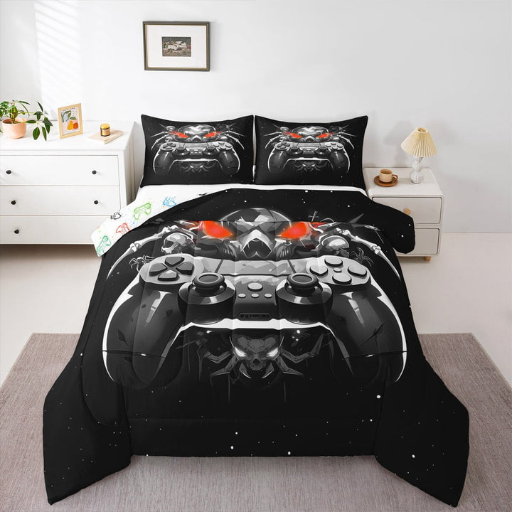Gaming Comforter Set - Gamer Comforter Twin Bedding Sets , Gothic Skull Skeleton Ghost Spider Design Black and White Gamer Room Decor