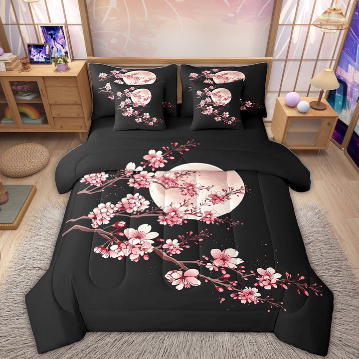 Erosebridal Girls Cherry Blossoms Bedding Comforter Set, Japanese Style Queen Bedding Sets, Black Pink, 7pcs