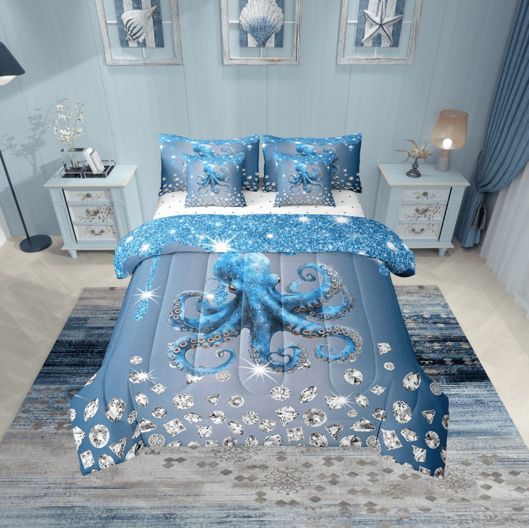 Erosebridal Marine Octopus Bed in a Bag Twin size, Ocean Sealife Bed Set, Bling Diamond Reversible Bedding Twin Size, Super Cozy Room Decor, 7 Pieces