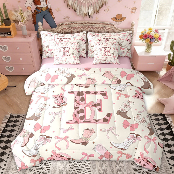 Erosebridal Bow Cowboy Boot Letter E Bedding Comforter Set, Western Princess Style Full Bedding Set for Girls, Pink Reversible, 7-Piece