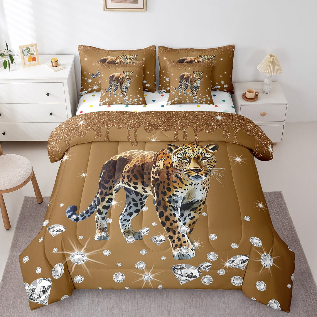Erosebridal Jungle Leopard Bedding Sets Twin Size, Glitter Diamond Comforter Sets with Sheets, Woodland Wildlife Decor, Reversible