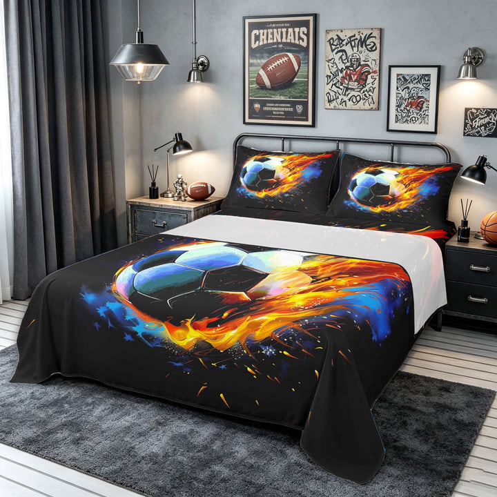 meiyoeat Fire Soccer Ball Bed Sheets for Kids Boys, Flame Art Full Size Sheets for Bedroom, Black Orange, 4pcs