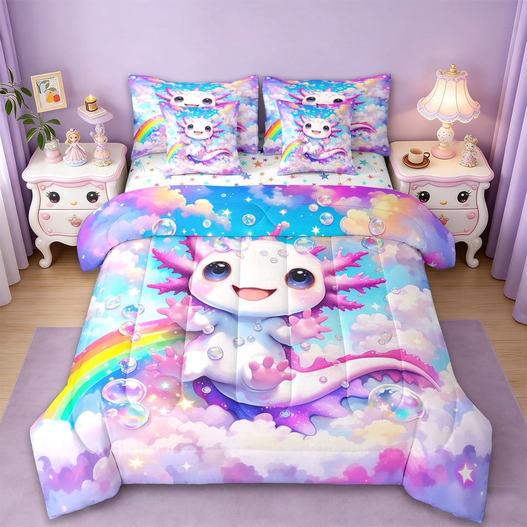 Erosebridal Pink Purple Axolotl 7-Piece Twin Bedding Sets,Cartoon Rainbow Print Bedding Comforter Set For Kids,Reversible