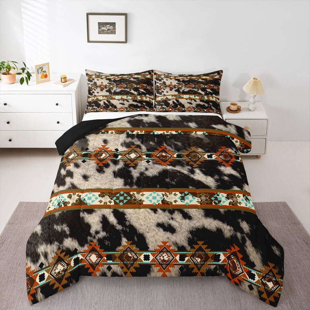 Erosebridal Cowhide Quilt Brown Highland Cow Print Full Comforter Set,Western Bedding Set Exotic Aztec Duvet Insert,Farmhouse Wild Animals Longhorn Skin Room Decor Cowboys Gifts for Men