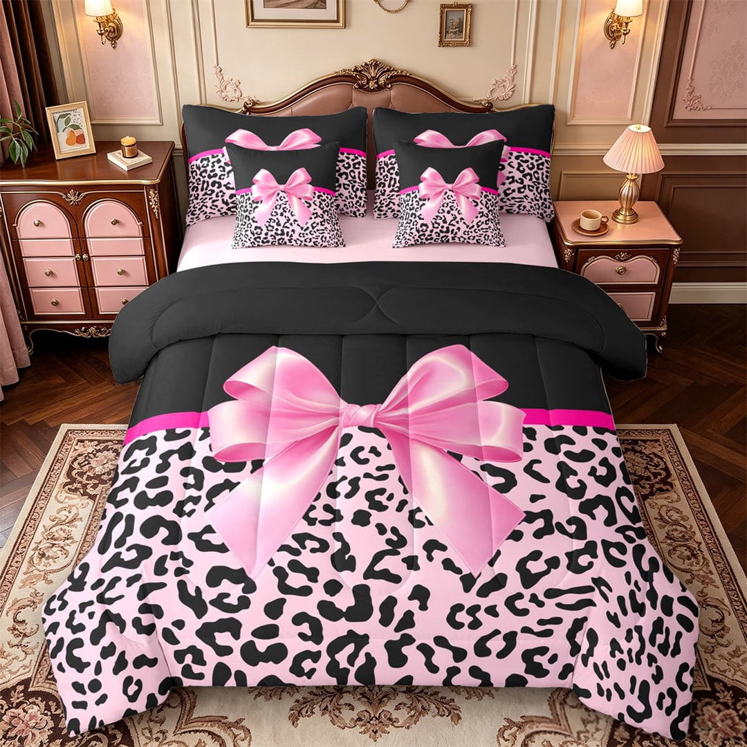 Manfei Pink Chic Bowtie 7 Pieces Full Size Bedding Sets,Fashion Leopard Print Full Size Bed in a Bag,Pink Reversible