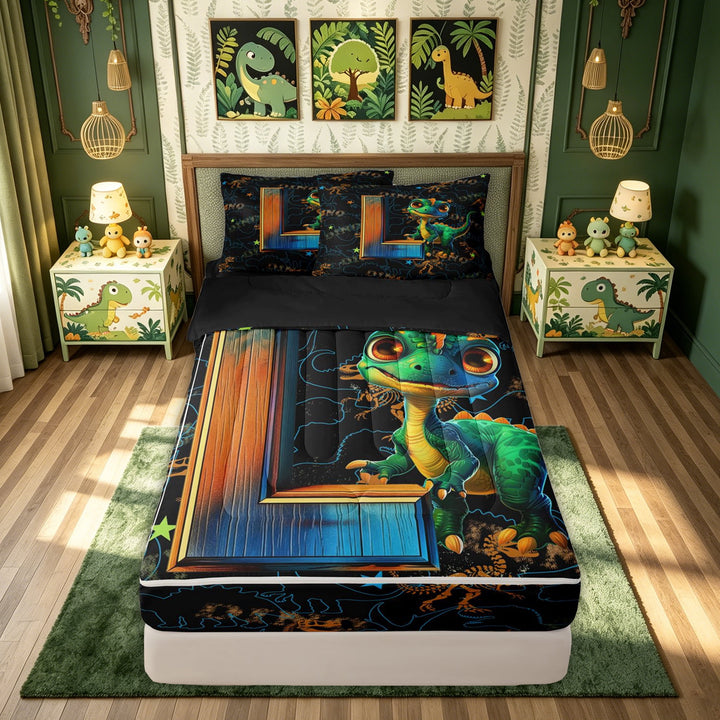 meiyoeat Dinosaur L Initial Zipper Comforter Set with Fitted Sheet and 2 Pillowcases, Cartoon Animals Zipper Bedding Set for Boys Girls, Black Reversible, 3 Pieces