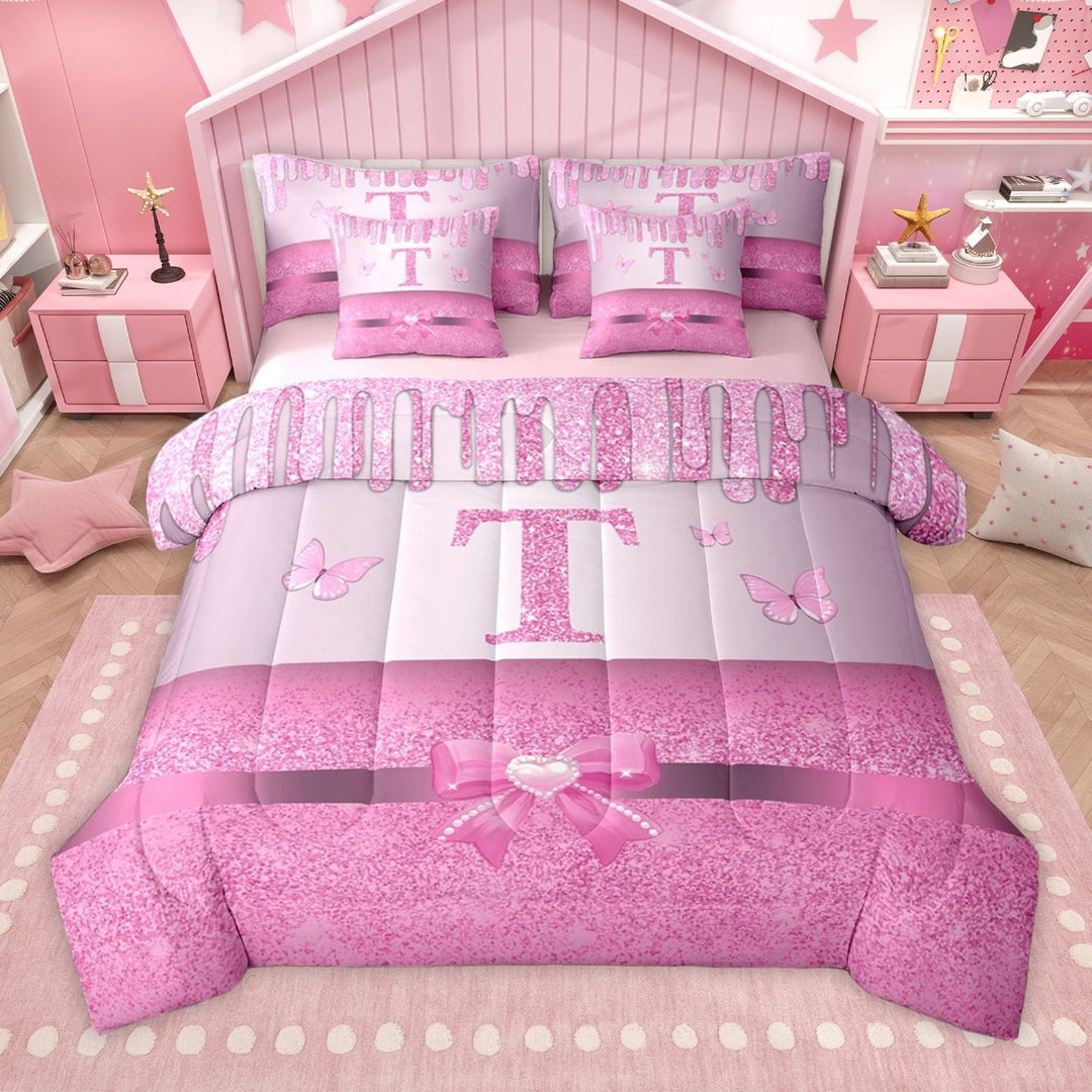 Manfei Letter Monogrammed T 7 Pieces Bedding Comforter Set for Kids Children Girls,Dreamy Princess Full Bedding Set Lightweight,Cute Butterfly Bowknot Fitted Sheet Flat Sheet,Bling Glitter