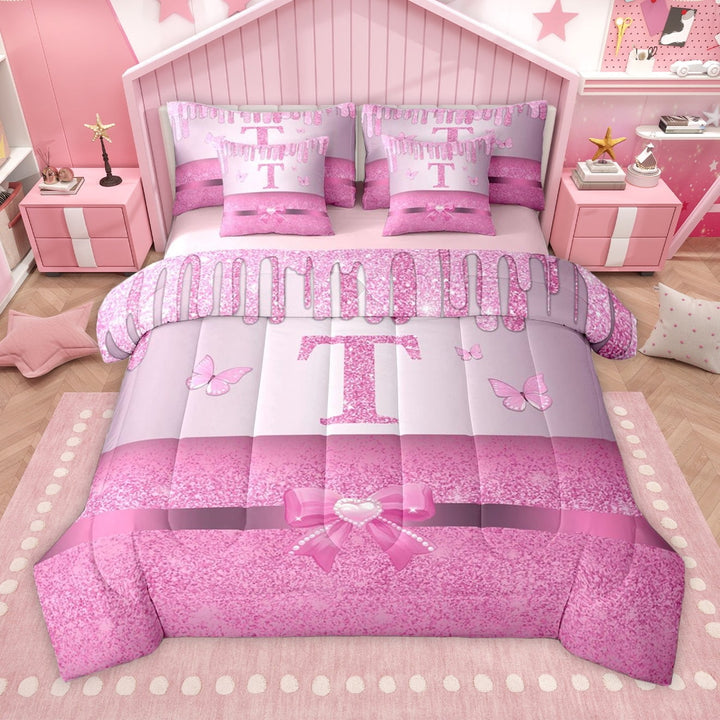 Manfei Letter Monogrammed T 7 Pieces Bedding Comforter Set for Kids Children Girls,Dreamy Princess Full Bedding Set Lightweight,Cute Butterfly Bowknot Fitted Sheet Flat Sheet,Bling Glitter