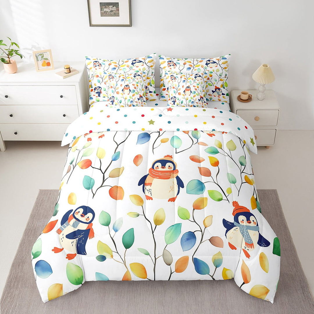 Erosebridal Cute Penguin Bed in a Bag 7 Pieces Hippie Floral Bedding Set, Chic Flower Twin Size Comforter Set Watercolor Leaves Bedding Comforter Sets, Antarctic Wildlife Bed Set