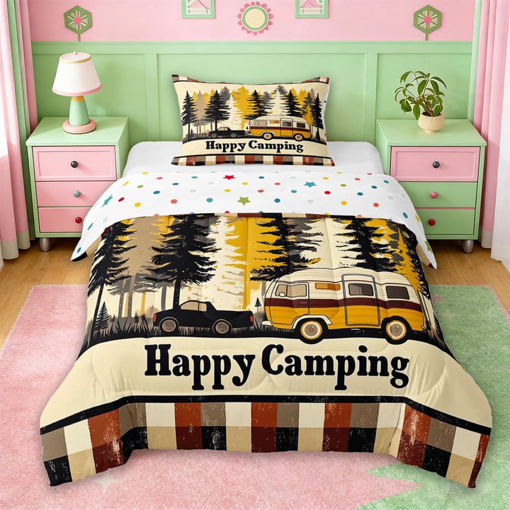 Erosebridal Happy Camping Theme Twin Comforter Sets For Camper Gifts,Rustic Farmhouse Style Bedding Set For Kids,Reversible,2 Pieces