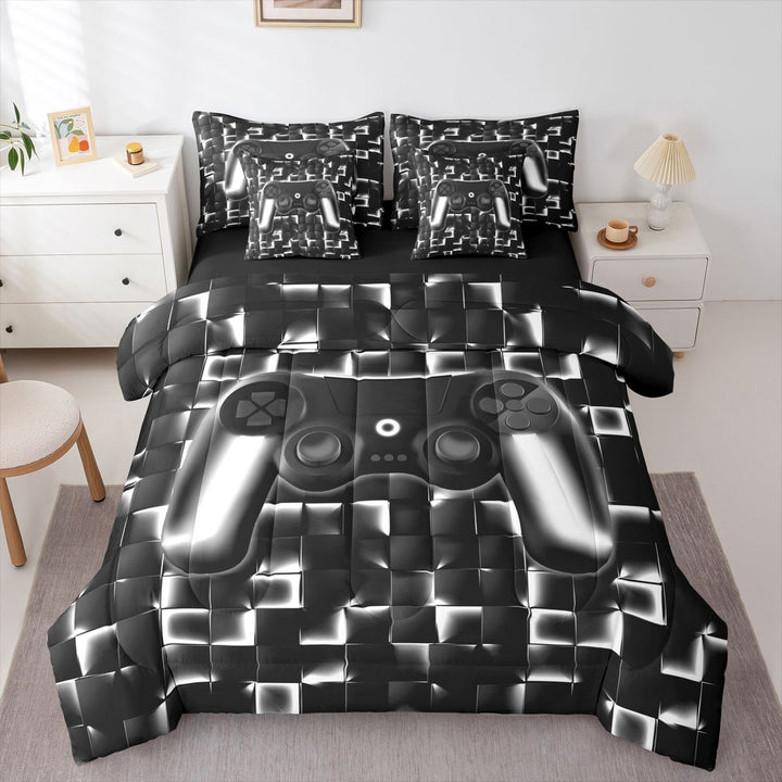 Game Theme 7-Piece Bed Set, Black and Grey Gamer Room Decor Bedding, Reversible, Twin