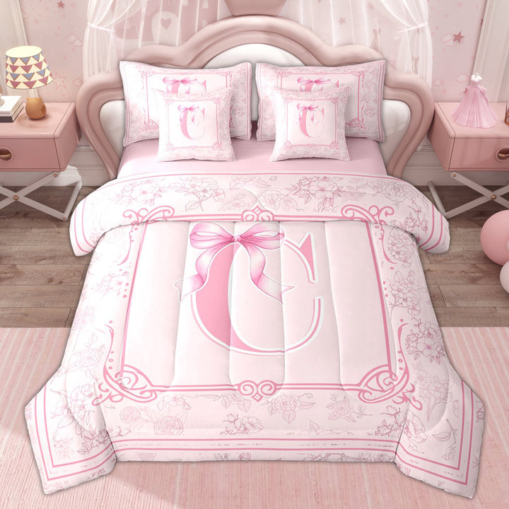 Erosebridal Kids Bow C Letter Twin Bedding Sets, Retro Flower Floral Bedding Comforter Set, Pink, 7-Piece