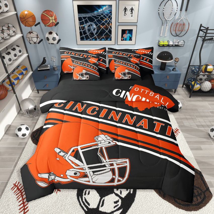 Erosebridal Football City Cincinnati Bedding Sets Twin Size,Ball Gamer Comforter Sets with Sheets,Teen Bedroom Decor,Reversible,Breathable,7pcs
