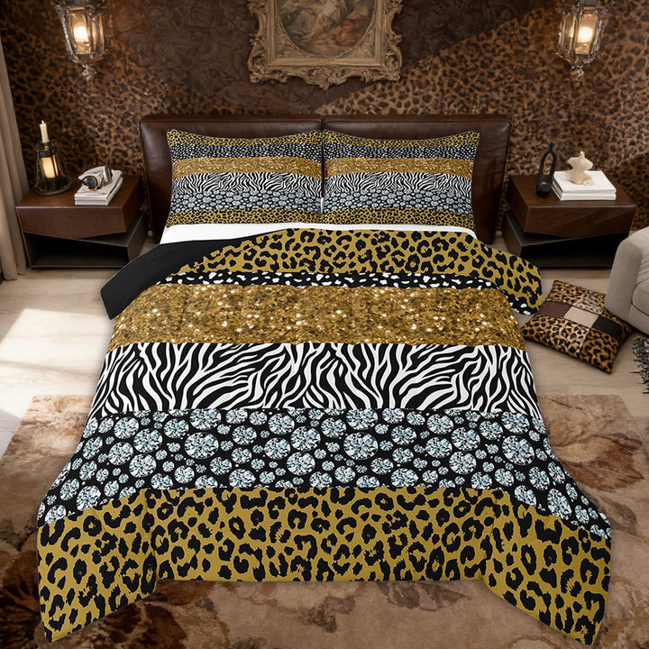 3 Piece Cheetah Print Bedding Sets Adults Watercolor Yellow Diamond Glitter Pattern Comforter Set, Leopard Print Bed Set Animal Print Duvet Set Queen (No Glitter No Sequin)
