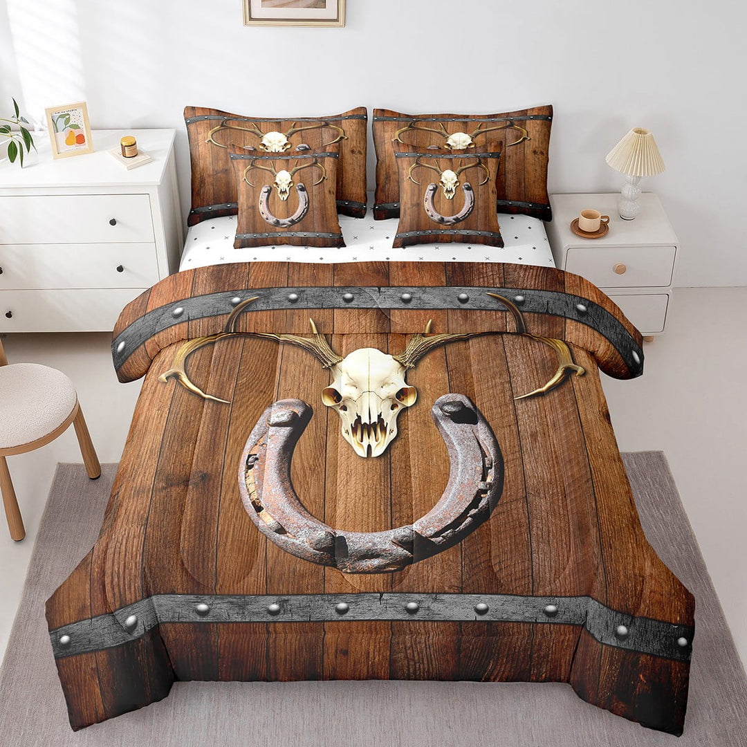 Erosebridal Western Cowboy Twin Comforter Set 7 Piece Deer Skull Horseshoe Bed In A Bag Adults Men,Rustic Farmhouse Barn Door Bedding Set Country Sheet Set With Comforter