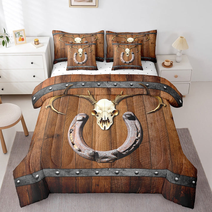 Erosebridal Western Cowboy Twin Comforter Set 7 Piece Deer Skull Horseshoe Bed In A Bag Adults Men,Rustic Farmhouse Barn Door Bedding Set Country Sheet Set With Comforter