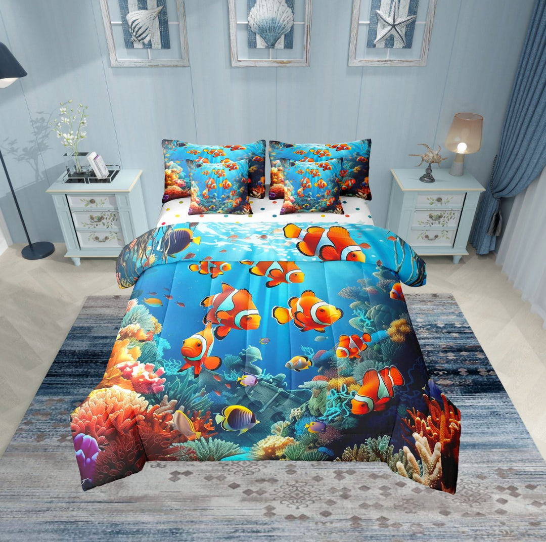 Erosebridal Sea Fish Bed in a Bag Twin size, Colorful Coral Bed Set, Ocean Sealife Reversible Bedding Twin Size, Lightweight Room Decor, 7-Piece