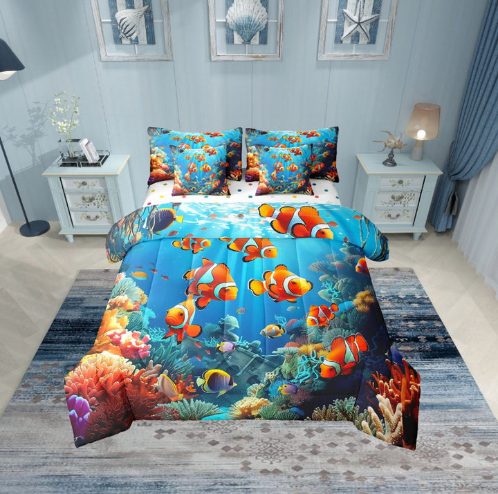 Erosebridal Sea Fish Bed in a Bag Twin size, Colorful Coral Bed Set, Ocean Sealife Reversible Bedding Twin Size, Lightweight Room Decor, 7-Piece