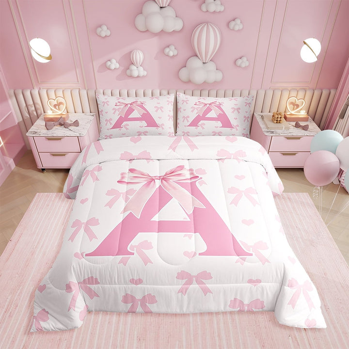 Pink Bow Comforter Set,Initial Letter A Chic Romantic Bedding Set 2 Pcs ,Princess Style Bowknot Love Hearts Girly Fairy Down Comforter,Kawaii Pink,1 Pillowcase