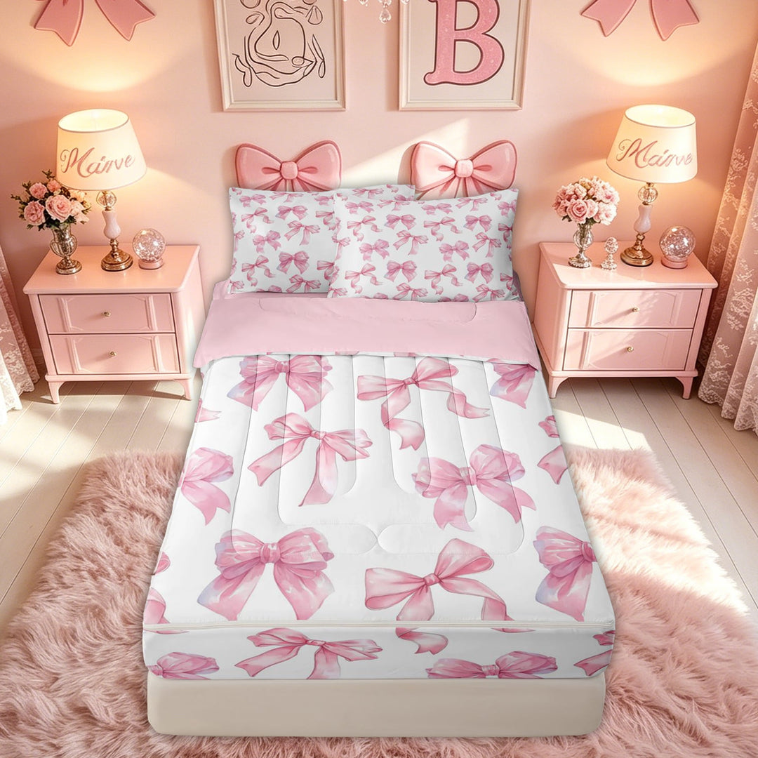 meiyoeat Watercolor Pink Bow Zipper Full Size Comforter Sets with Fitted Sheet and 2 Pillowcases for Kids Girls, Princess Ribbon Zipper Bedding Set for Dorm, Pink White, Pink ReversibleG