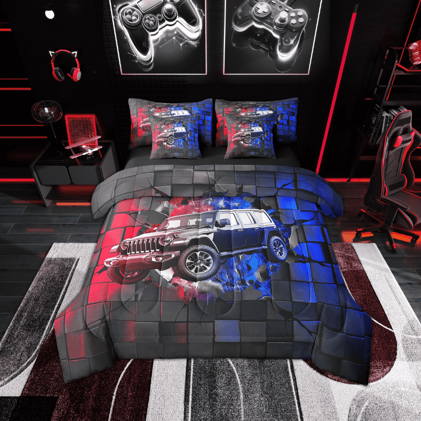 Erosebridal Racing Car Bedding Sets Twin Size,Geometric Buffalo Comforter Sets with Sheets,Blue Red Bed in a Bag Twin size,Lightweight Car Room Decoration,Reversible,7-Piece